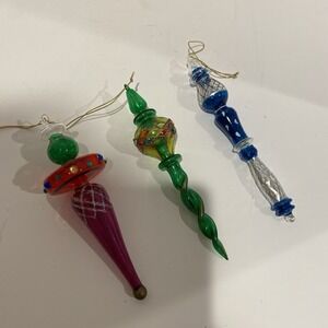 3 Hand Blown Embellished Glass 3 Tier Finial Drop Hanging Christmas Ornaments‎
